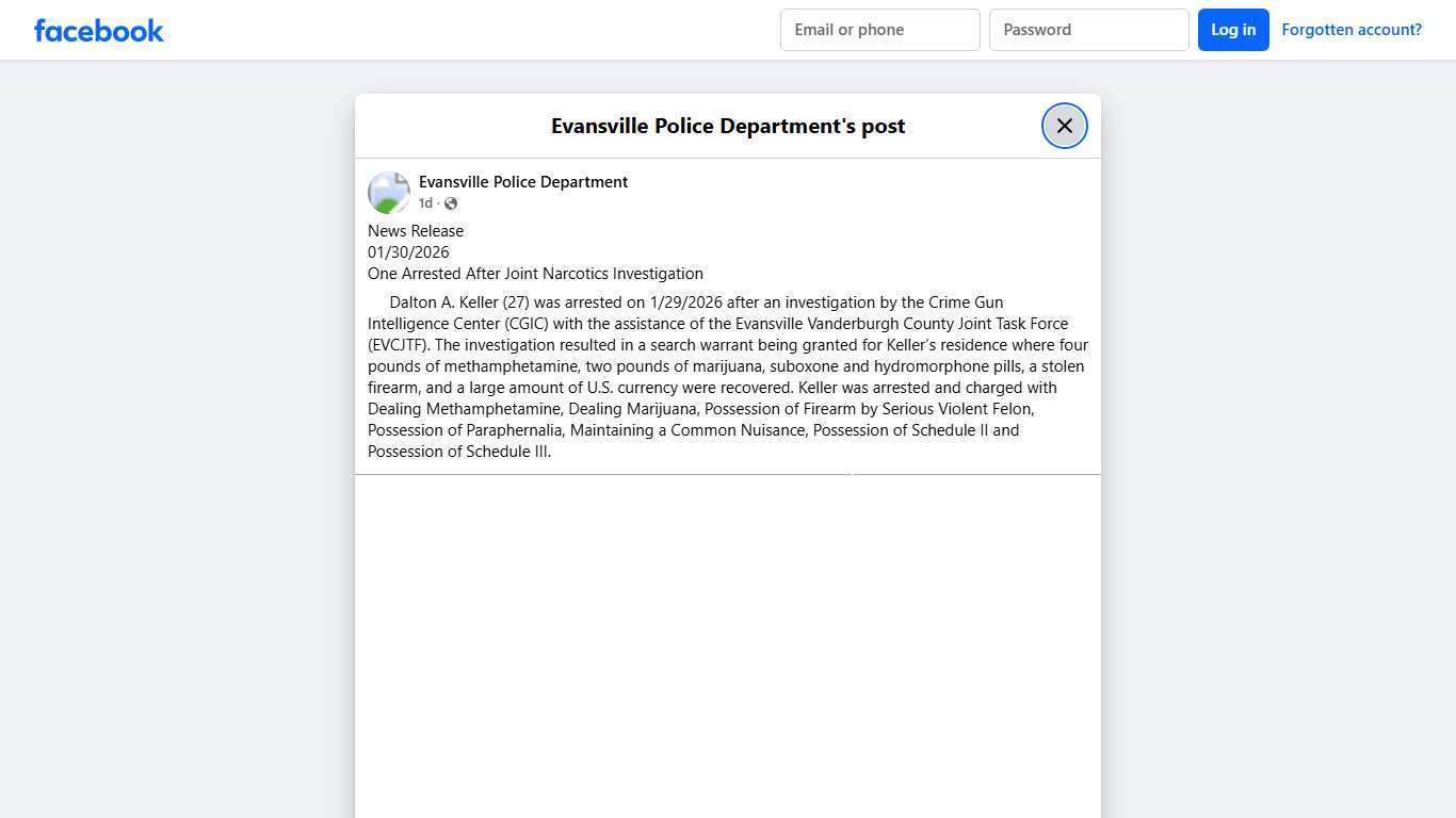 News Release 01/30/2026 One... - Evansville Police Department Facebook